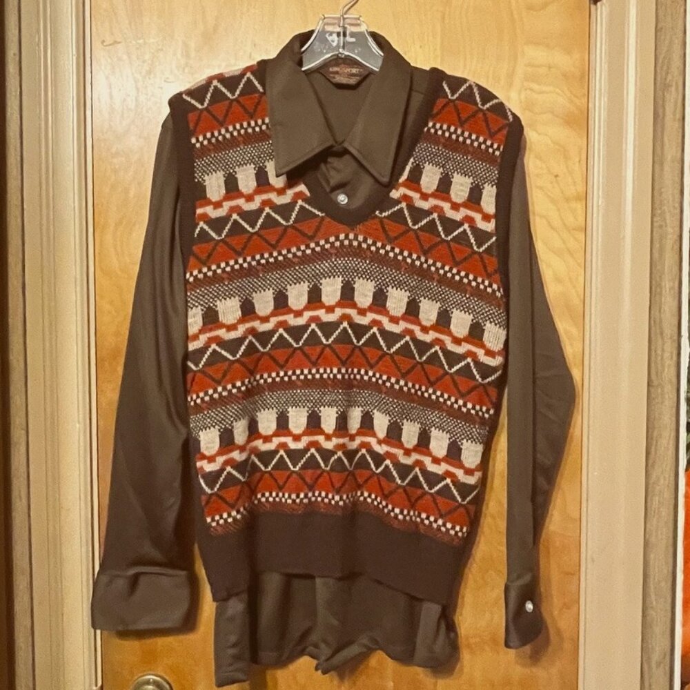 1970s Kingsport Brown & Orange Sweater-Vest & Shirt Combo L